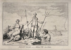 view Admiral Rodney stands between Britannia and Neptune. Etching by J. Gillray, 1782.