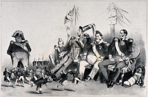 Men in uniform of various sizes are sitting on chairs watching men in miniature who are each on a lead held by a very large man. Lithograph.