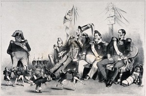 view Men in uniform of various sizes are sitting on chairs watching men in miniature who are each on a lead held by a very large man. Lithograph.