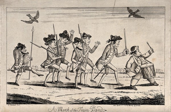 A band of militiamen in uniform marching in a disorderly manner, headed by a drummer. Etching by M. Darly, 1777, after E. Topham.