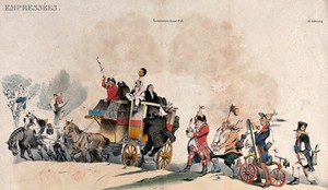 view A horse-drawn carriage is carrying passengers as a crowd of men follow behind, one on a bicycle, each writing on paper with quills. Coloured lithograph.