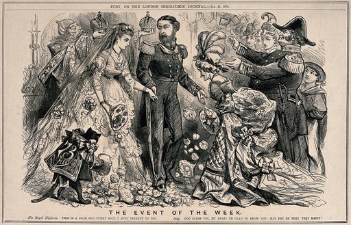 A young woman in bridal dress with her husband is having a woman introduced to her by a man in a three-corner hat. Wood engraving.