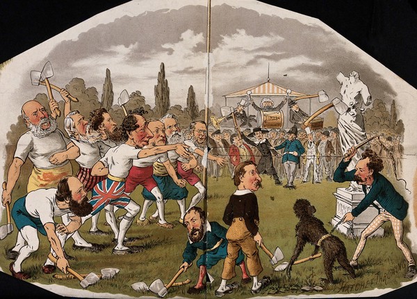 Men on a sports field are throwing axes at a statue, a man is whipping a monkey and a band plays in the background. Colour lithograph.