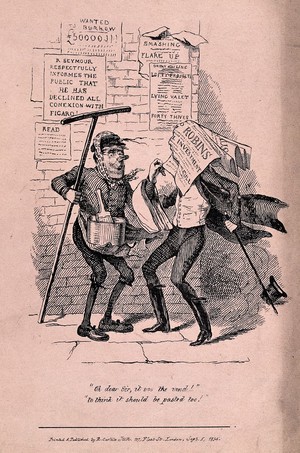 view A man pasting posters on to a wall: one poster has blown away and covered a man who was walking past, knocking his hat to the ground. Lithograph after R. Seymour, 1834.