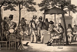 view Men and woman are sitting at tables in the open air reading newspapers. Aquatint.