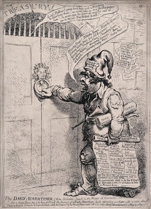 view Charles James Fox as a newsboy delivering newspapers to the Treasury, spreading panic and advertising his suitability for a government post. Etching by James Gillray.