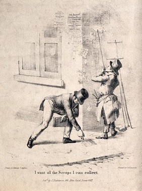 A man bending down in the street to pick up a scrap of a discarded poster that is being blown around by the wind. Lithograph by T. Dighton.