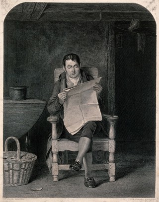 A seated man reading a newspaper in a kitchen (?), a basket by his feet. Engraving by C.W. Sharpe after T.S. Goode.