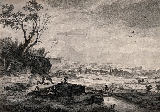 A group of man are resting on a grassy bank with a horse and a dog, one man is walking across the bridge with a stick in his hand. Engraving by P. F. Beaumont after Wouvermens.