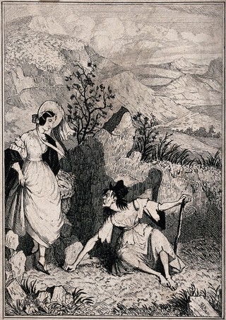 Mary Brotherton encounters Old Sally, a woman on the moor. Line block after R.W. Buss, 1840.