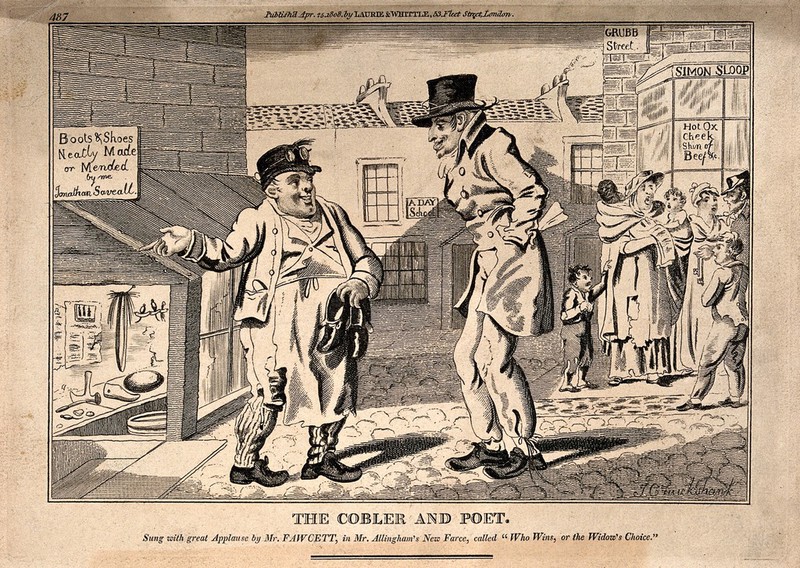 A prosperous cobbler in Grub Street recommends his shop to a hungry poet. Etching by I. Cruikshank, 1808., Apr. 25 1808, by Isaac Cruikshank