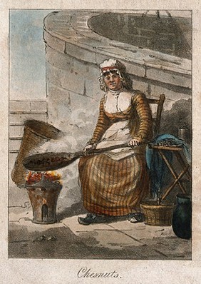 Paris: a woman cooking chestnuts in a flat pan over a small brazier. Coloured aquatint with etching, 1805.
