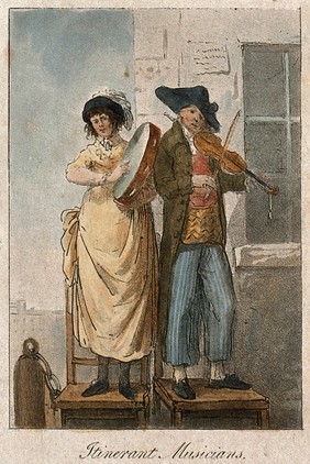 A man and a woman in France standing on chairs playing musical instruments in the street. Coloured aquatint with etching.