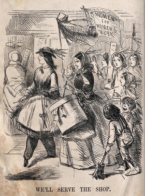 view A crowd of women are marching with banners and a drum. Wood engraving.