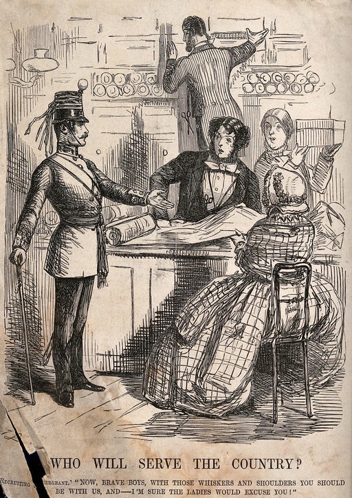 A soldier is talking to two young men who are serving behing the counter in a shop. Wood engraving.