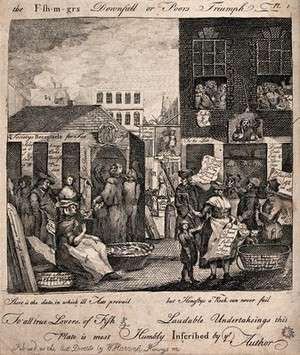 view Crowds of people are gathered in the streets around fishmonger stalls. Etching.