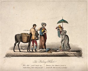 view A woman in a bonnet and carrying a parasol is approaching a young woman who has a basket of eels on the ground and a young man who has a donkey with panniers full of fruit. Coloured aquatint by G. Hunt after M. Egerton.