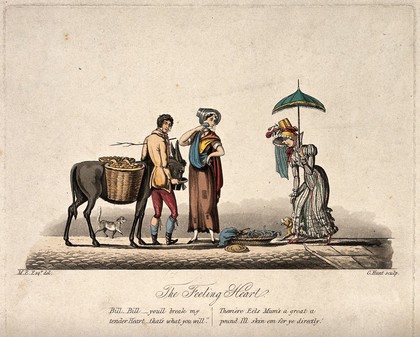 A woman in a bonnet and carrying a parasol is approaching a young woman who has a basket of eels on the ground and a young man who has a donkey with panniers full of fruit. Coloured aquatint by G. Hunt after M. Egerton.