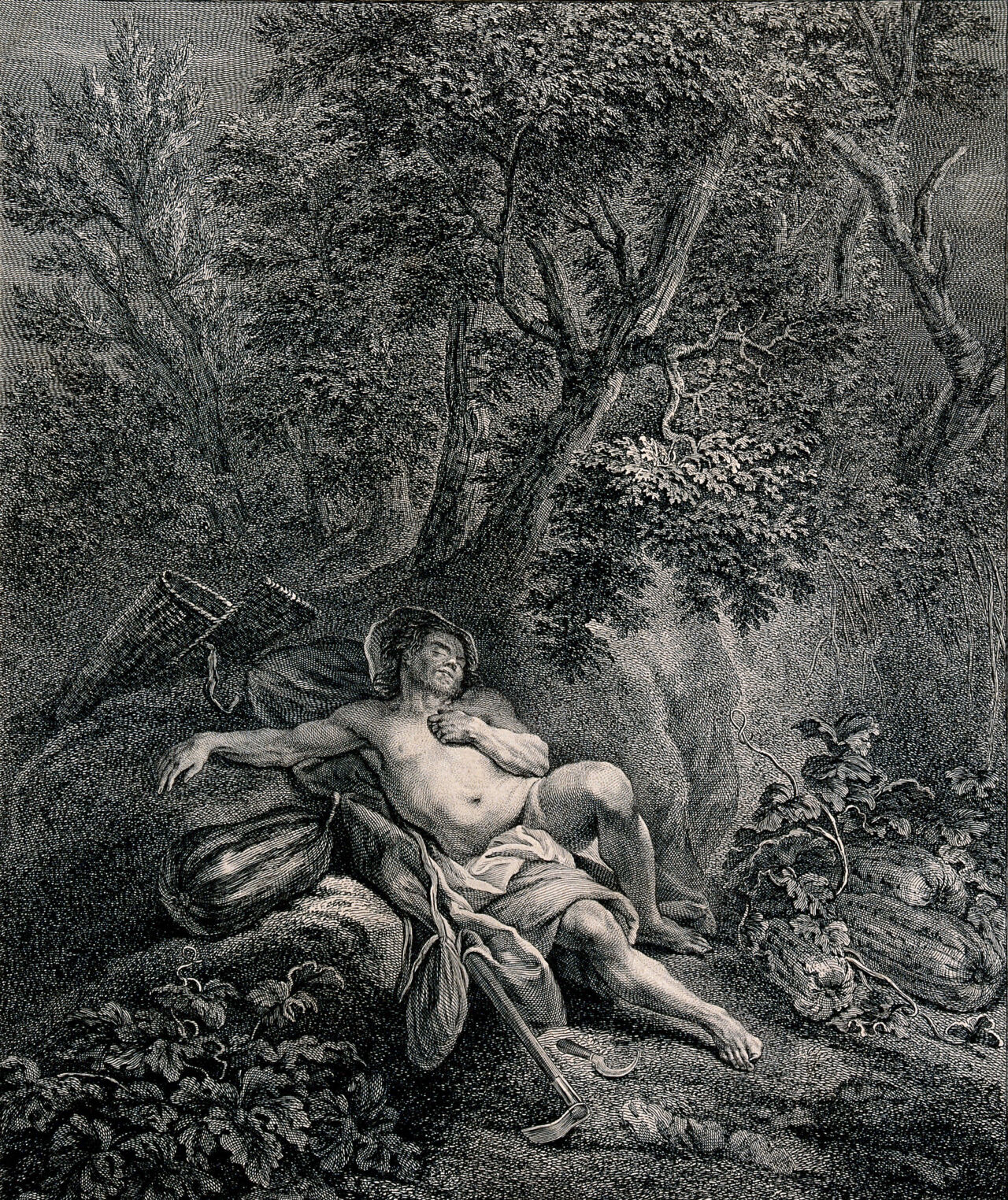 The fable of the acorn and the pumpkin: an acorn falls on a man resting under an oak tree on a grassy bank, with pumpkins and his tools and basket around him. Engraving by J.C. Le Vasseur after N. Bertin after J. de La Fontaine., by Jean de La Fontaine