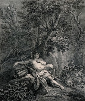 The fable of the acorn and the pumpkin: an acorn falls on a man resting under an oak tree on a grassy bank, with pumpkins and his tools and basket around him. Engraving by J.C. Le Vasseur after N. Bertin after J. de La Fontaine.