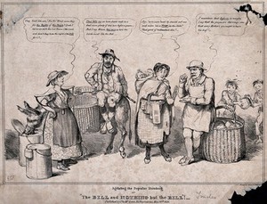 view Four people with a donkey and baskets of goods are standing around talking, two children are stealing bread from one of the baskets. Lithograph.