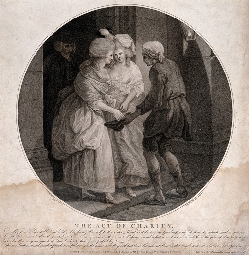 A beggar is standing outside the door of a house, two women on the doorstep are putting money into his outstretched cap. Stipple engraving, 1789, by J.M. Delattre after F. Wheatley after L. Sterne.