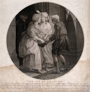 view A beggar is standing outside the door of a house, two women on the doorstep are putting money into his outstretched cap. Stipple engraving, 1789, by J.M. Delattre after F. Wheatley after L. Sterne.