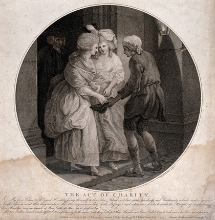 A beggar is standing outside the door of a house, two women on the doorstep are putting money into his outstretched cap. Stipple engraving, 1789, by J.M. Delattre after F. Wheatley after L. Sterne.