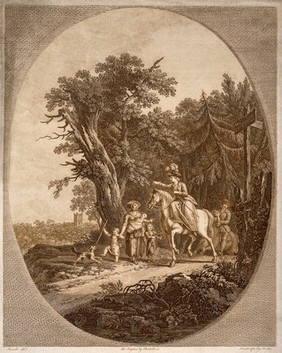 A woman in fine clothes riding a horse gives a coin to a poor family on a country road tin a mountainous region of England. Etching by F. Bartolozzi and T. Morris after J.J. Barralet.