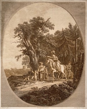 view A woman in fine clothes riding a horse gives a coin to a poor family on a country road tin a mountainous region of England. Etching by F. Bartolozzi and T. Morris after J.J. Barralet.