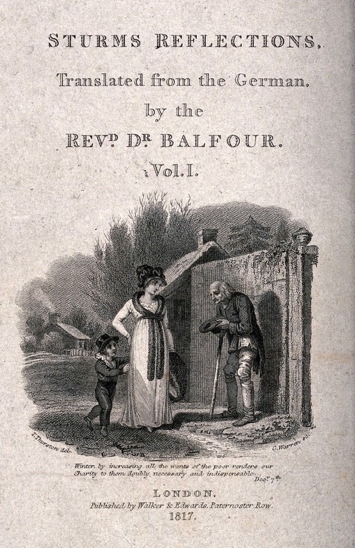 A woman and a child walk past an old man begging in the street. Engraving by C. Warren after T. Thurston.