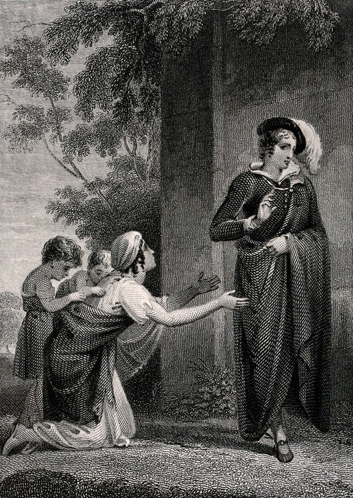 A woman with two small children pleads with a man dressed in a cape and feathered cap. Engraving by C. Heath after H. Corbould.