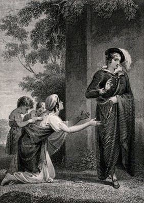 A woman with two small children pleads for alms from a man dressed in a cape and feathered cap. Engraving by C. Heath, 1824 after H. Corbould.