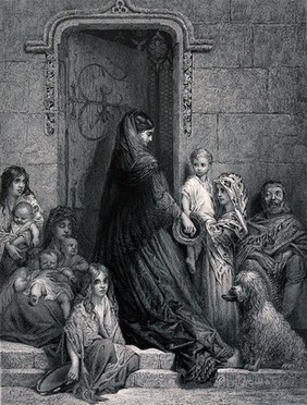 A woman entering a doorway holds her hand out with money in it to the family gathered on the doorstep. Engraving by J. Saddler after G. Doré.