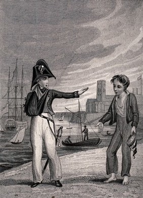 A sailor on a quay side with one arm in a sling holds out his other hand as if to push away the small beggar boy who is asking for help. Engraving by W. Chevalier, ca. 1840, after H. Brooke.