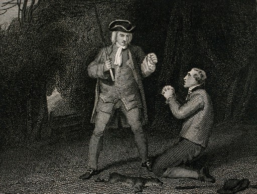 A man in a hat and carrying a stick looks very stern as he stands over a man who is on his knees in front of him. Engraving by Charles Heath after R. Westall.