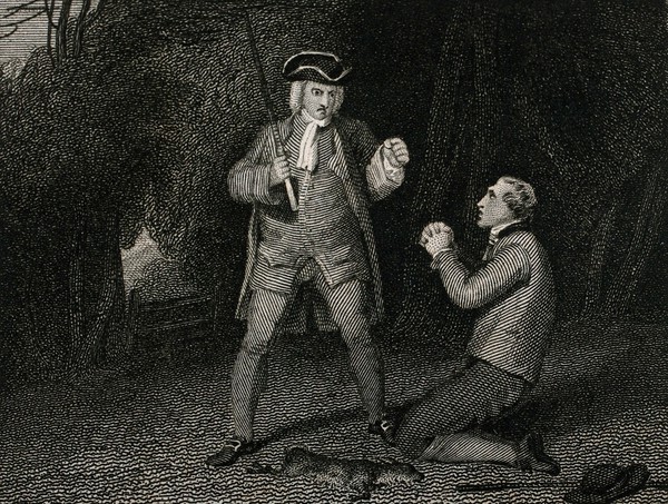 A man in a hat and carrying a stick reprimands a man who is on his knees in front of him. Engraving by Charles Heath, 1810, after R. Westall.
