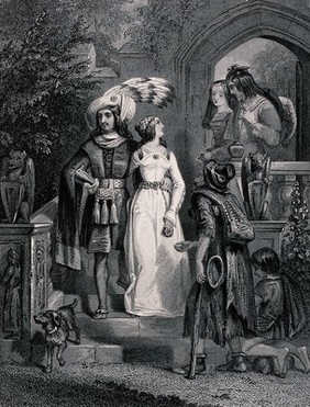 A man and a boy are begging from two well-dressed couples on the steps. Engraving by G.A. Periam after E.H. Corbould.