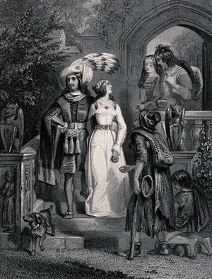 view A man and a boy are begging from two well-dressed couples on the steps. Engraving by G.A. Periam after E.H. Corbould.