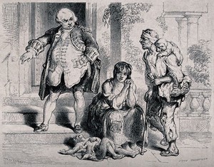 view A liveried footman sends on their way a starving family who are sitting outside the side-door of a mansion. Wood engraving by J. Thompson after Fred Tayler.