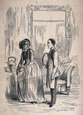 A woman stealing some sugar by emptying it into her pocket is discovered by a manservant of the household. Wood engraving by Swain & Co..