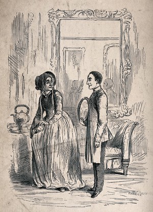 view A woman stealing some sugar by emptying it into her pocket is discovered by a manservant of the household. Wood engraving by Swain & Co..