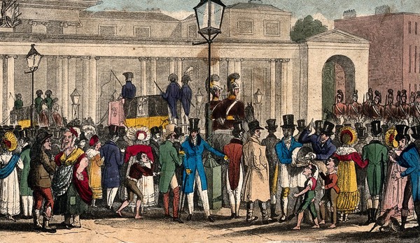 A crowd has gathered outside Carlton House in London, as the carriage of Frederick Duke of York passes on its way to the palace; a pickpocket works the crowd. Coloured aquatint.