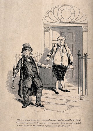 A musician playing the clarinet outside a town-house is given threepence by a footman and asked to move on, but the musician asks for more money. Steel engraving after R. Seymour.