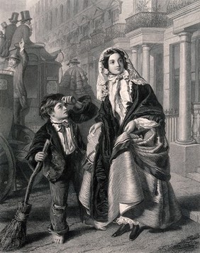 A boy sweeping the street with a broom touches his forelock as a woman crosses the street, holding up her skirts. Engraving by C.W. Sharpe, 1864, after W.P. Frith, 1858.