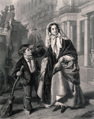 A boy sweeping the street with a broom touches his forelock as a woman crosses the street, holding up her skirts. Engraving by C.W. Sharpe, 1864, after W.P. Frith, 1858.