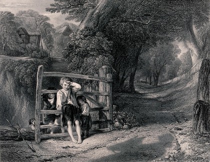 Three young children are leaning on a five-bar gate on a wooded road with a cottage nearby. Engraving by C. Cousen after W. Collins.