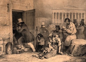 view A poor family starves in the centre of Paris: a workman brings them a bowl of soup, a banker for a "Philanthropic bank" ignores them, public funds are spent on a new stock exchange, and books are advertised advocating self-help. Lithograph by Villain after N.-T. Charlet, 1840.