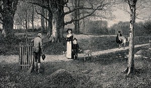 view An estate worker who is sweeping up autumn leaves takes off his hat in deference to a little boy who is heir to the estate. Process print after G.H. Boughton, 1873.