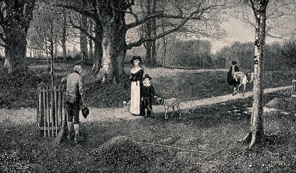 An estate worker who is sweeping up autumn leaves takes off his hat in deference to a little boy who is heir to the estate. Process print after G.H. Boughton, 1873.